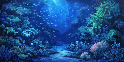 Fototapeta premium A mesmerizing underwater world filled with a school of small bioluminescent fish illuminating the deep blue and green hues gracefully moving through colorful coral formations during twilight hours