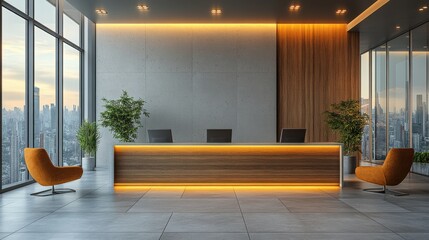 Fototapeta premium Modern Office Reception Area with Stylish Furniture and City View
