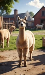 Fototapeta premium Farm yard scene with alpaca in the foreground, alpaca, yard