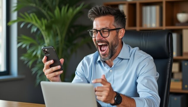 Middle-aged Latin or indian businessman screaming proud cheering with excitement , man read great news on smartphone celebrating victory and success sitting front of laptop computer working at office