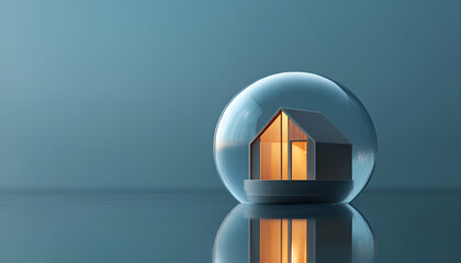 House inside glass dome symbolizing protection and safety concept for home security and preservation