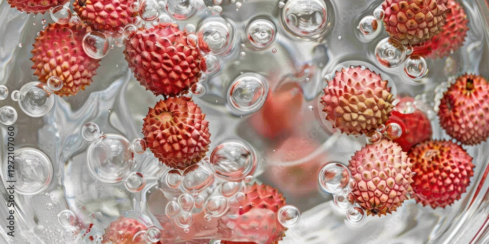 Poster lychees float softly on the surface of clear water surrounded by bubbles and ripples. natural light 