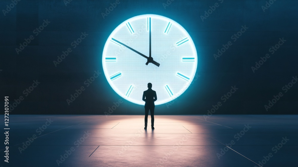 Poster Person stands in front of a large illuminated clock, symbolizing the pressure of time management and multitasking. The scene conveys stress and urgency in a modern work environment