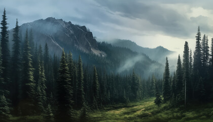 Obraz premium A tranquil valley is surrounded by towering mountains, filled with dense evergreen trees. Mist softly blankets the landscape, enhancing the serene early morning atmosphere.