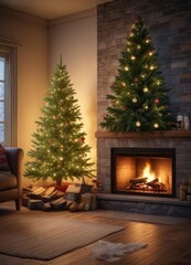 Fir Christmas tree in front of a cozy fireplace, , crackling flames
