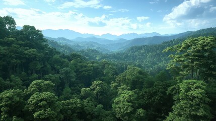 Fototapeta premium Lush Green Tropical Rainforest Landscape With Rolling Hills