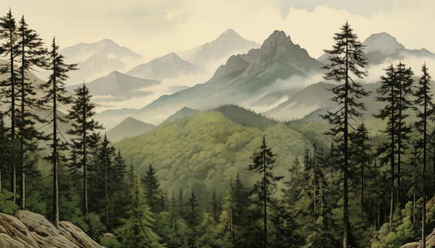 Breathtaking view of distant mountains surrounded by lush, green forests and misty valleys under a soft, cloudy sky. Nature's serenity invites exploration and admiration.