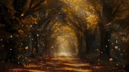 Obraz premium A serene forest path is adorned with a blanket of golden autumn leaves under a canopy of trees. Soft sunlight filters through, creating a peaceful atmosphere filled with fluttering butterflies.