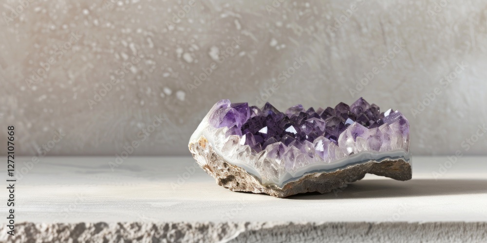 Poster a small amethyst geode rests flat on a soft grey surface reflecting gentle light. this serene compos