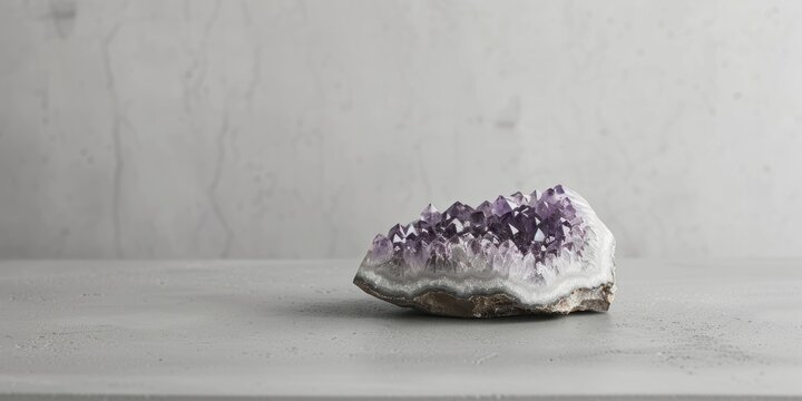A small amethyst geode rests flat on a light grey surface showcasing its serene purple hues. This composition embodies tranquility and is perfect for wellness and calming settings