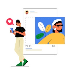 Digital Engagement. Female Character With Smartphone Liking Online Post. Flat Vector Illustration Of Social Media Interaction, Content Influence, And Online Presence, Isolated On White