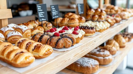 Delicious pastries displayed on wooden shelves in bakery