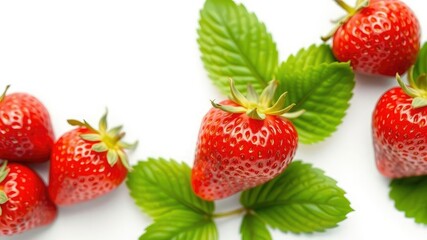 Fresh, ripe strawberry with vibrant red color and green leaves isolated on white background, sweet, fruit, white background