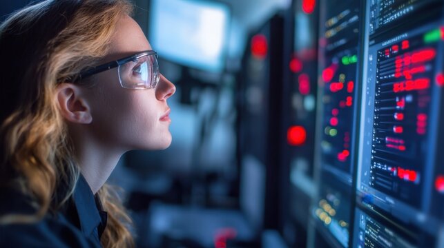 Female industrial engineer wearing safety glasses working late at night in the server room, monitoring and controlling servers, checking diagnostics, cyber security threat detection, data center - Powered by Adobe