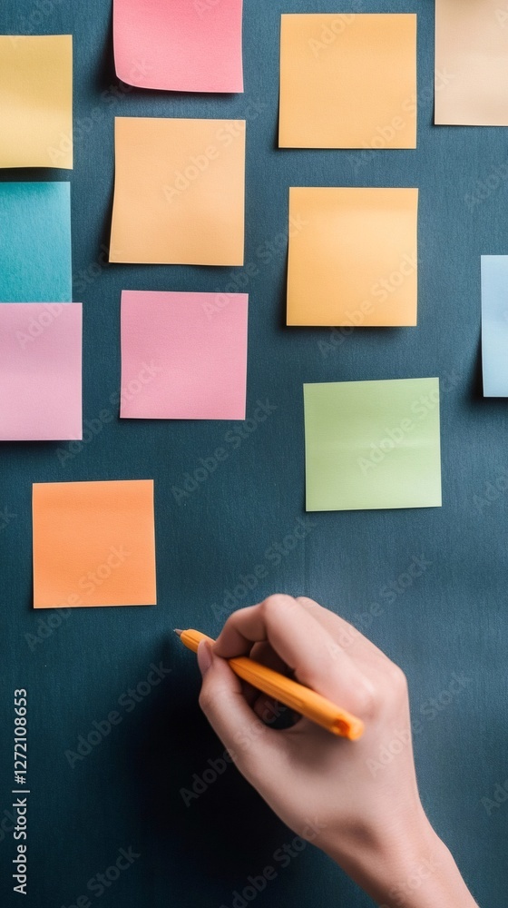 Poster hand holding a pen in front of a board covered with colorful sticky notes, symbolizing multitasking,
