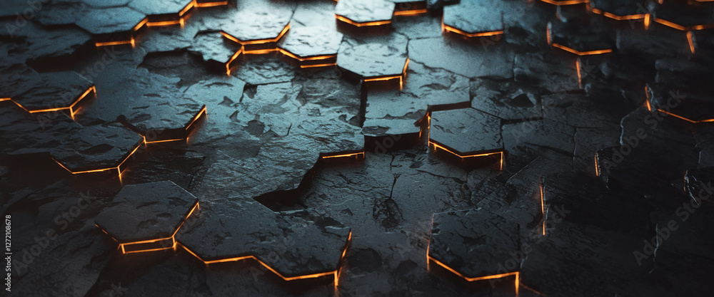 Poster dark high-tech image showcasing hexagonal blocks with glowing orange lines, creating a futuristic, f