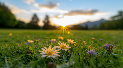 Daisies growing in grass at sunset