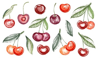 Watercolor set cherries and icons berries on isolated background. Summer Bundle with juicy food and sweetness for wrapping paper or textile design. Collection elements cherries for design icon, logo.