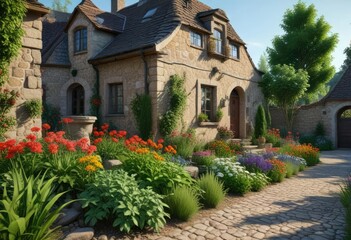 Naklejka premium Gartenneue mit historischen Steinmauern und Pflanzen, natur, pflanzen