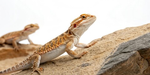 Naklejka premium Geckos basking in the sunlight isolated on white background, gecko lizard, animal, wildlife, reptile, sunbathing
