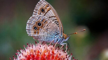Fototapeta premium A butterfly perches gracefully on a vibrant flower, showcasing nature's delicate beauty and the intricate patterns on its wings.