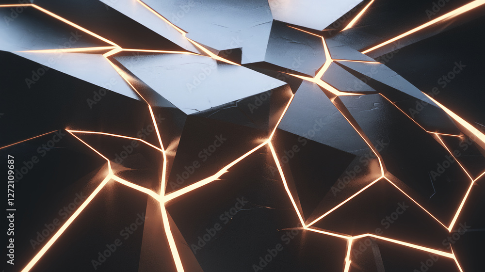 Poster a futuristic and sleek close-up of fragmented and shattered shapes with glowing edges, representing 