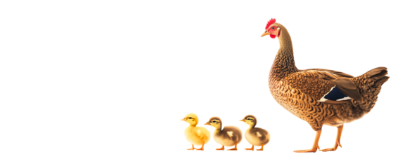 cute, curious hen, chicken and baby chick & ducklings standing in a row, isolated over transparent (white) background