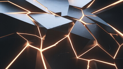 A futuristic and sleek close-up of fragmented and shattered shapes with glowing edges, representing a high-tech, digital concept symbolizing innovation and advanced technology. 3D wallpaper