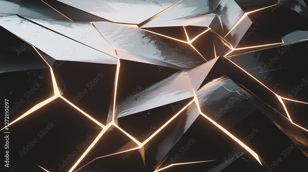 Poster a close-up view of broken fragments with glowing edges, creating a sleek, futuristic design that sym
