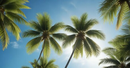 Coconut leaves rustling softly against the blue sky on a sunny day, , clear blue sky