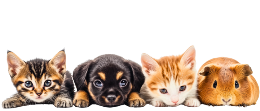 group of super-cute baby domestic animals; pets are laying next to each other and curiously looking directly; isolated over white bg; concept of funny domestic animal, easter / spring  new life object