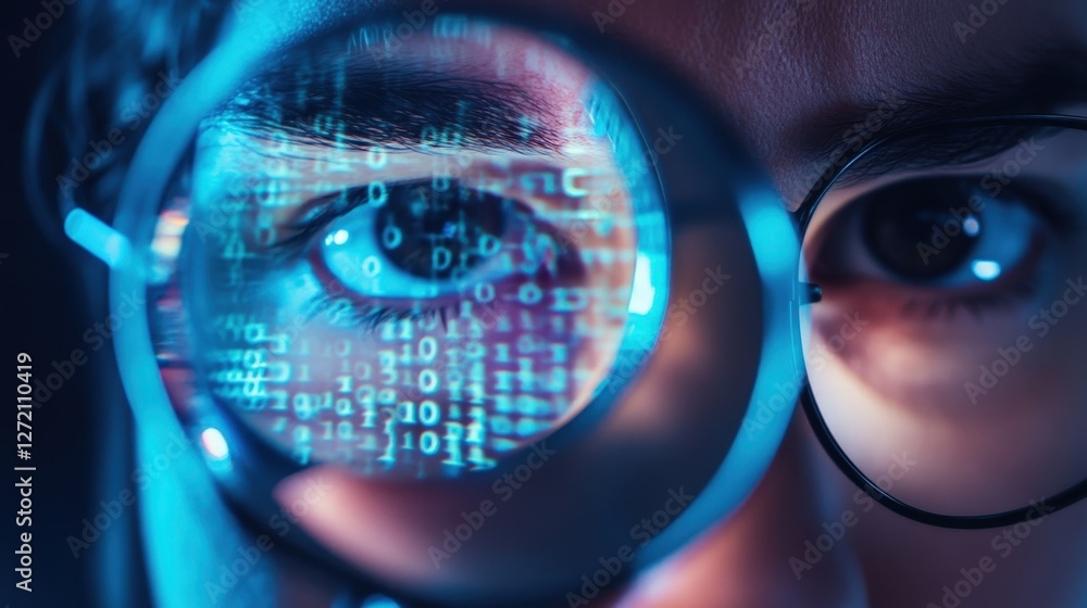 Poster close up of a software engineer's eye seen through magnifying glass, revealing binary code reflectin
