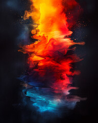 Abstract work with bright rainbow stripes of paint on dark background, showing dynamic movement and color
