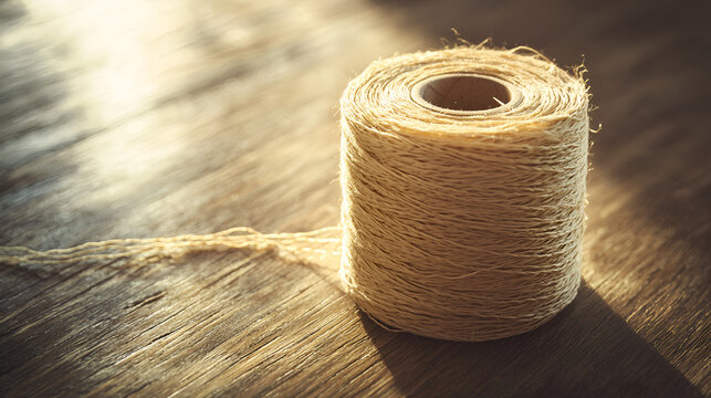 Roll of twine resting on a wooden surface, bathed in warm sunlight, showcasing texture and simplicity.