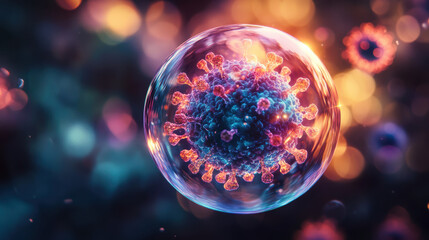 Naklejka premium Virus within glowing bubble, showcasing intricate details