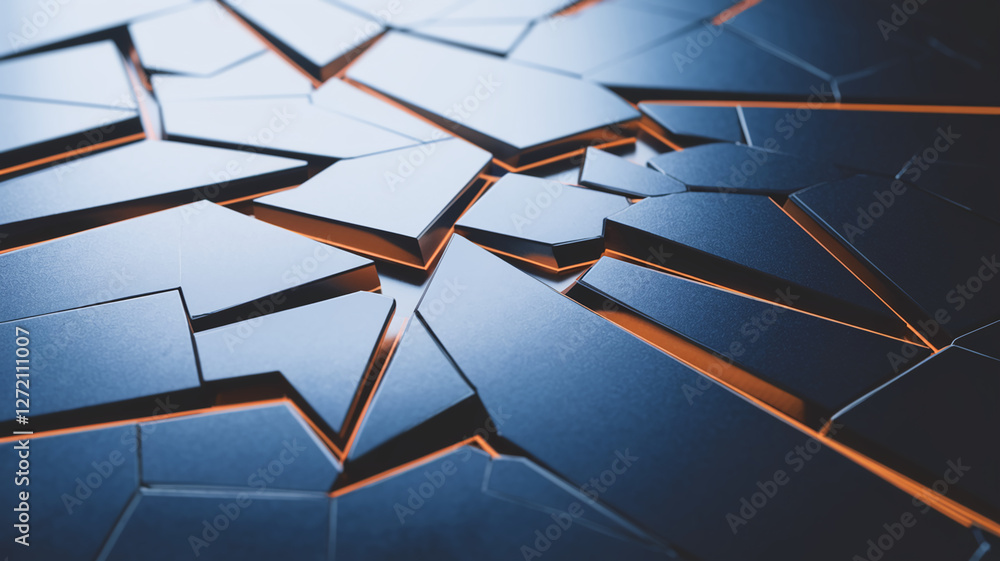 Poster futuristic close-up of angular fragmented shapes with glowing orange edges, symbolizing technology, 