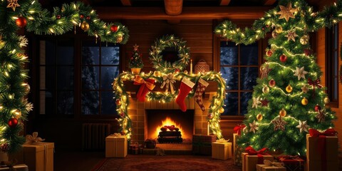 Cozy Christmas still life featuring a beautifully decorated tree surrounded by presents, lights, and ornaments, green, tradition, lights
