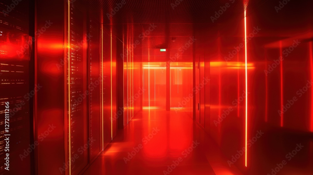 Aufkleber red emergency lights illuminating a server room corridor, emphasizing the heightened risk of cyber s