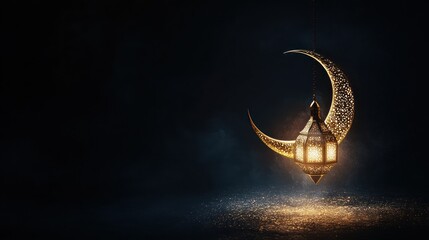 glowing arabic lantern resting on golden crescent moon