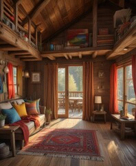 Cozy textiles and natural colors adorn a rustic wooden cabin, rustic, earthy, cabin