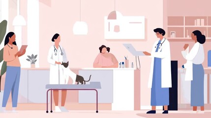 Fototapeta premium Animated vet clinic scene with doctors attending to pets amidst a lively, warm atmosphere in pastel hues, featuring cats and medical charts.