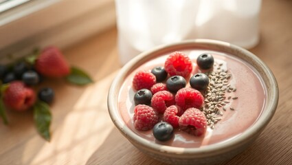 A smooth, creamy smoothie bowl in a handcrafted ceramic dish, topped with fresh blueberries, raspberries, and chia seeds.