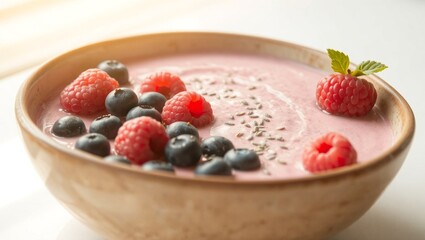 A smooth, creamy smoothie bowl in a handcrafted ceramic dish, topped with fresh blueberries, raspberries, and chia seeds.