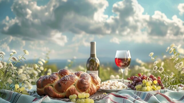 Enjoy a delightful outdoor gathering with a freshly baked challah loaf on a picnic blanket. A bottle of wine glasses and fresh grapes enhance the atmosphere of a Shabbat meal