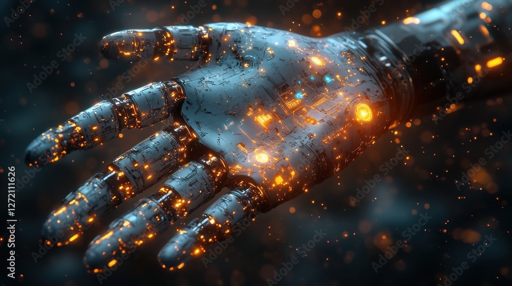 Poster artificial intelligence robot hand on technology background