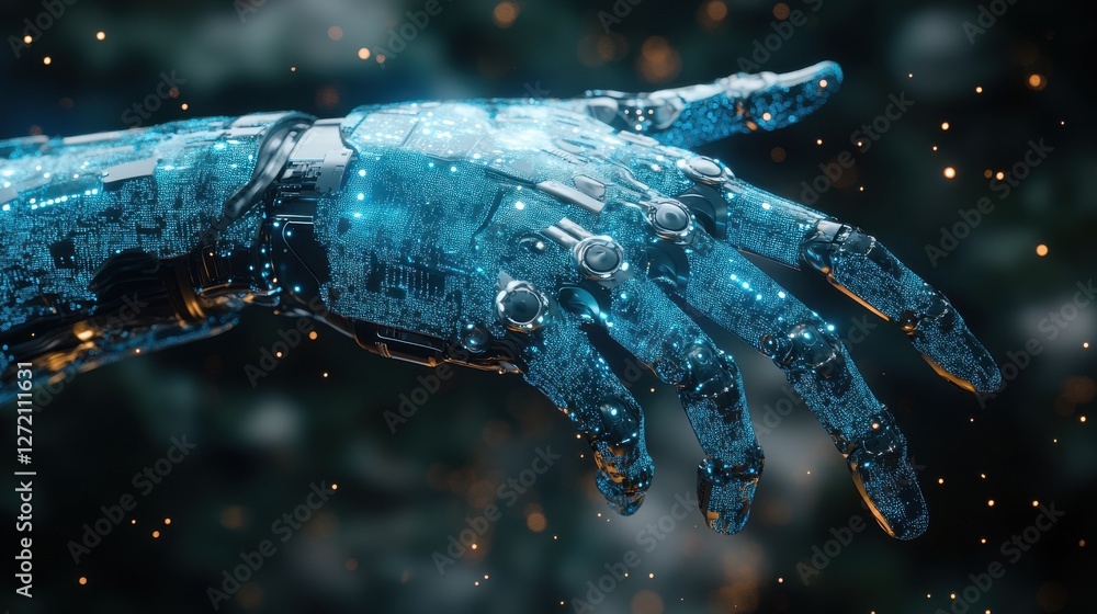 Poster artificial intelligence robot hand on technology background