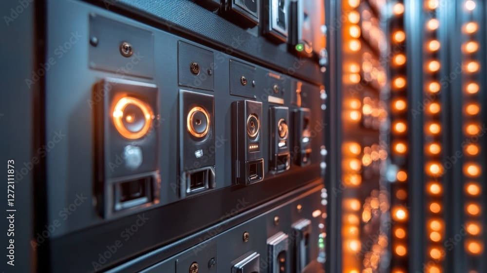 Poster server room equipment with blinking orange lights ensures data security and network connectivity, re
