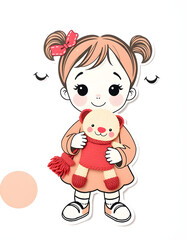 Cute little kid girl holding handmade knitted soft toy on white, Paper Cutout style. with white shades