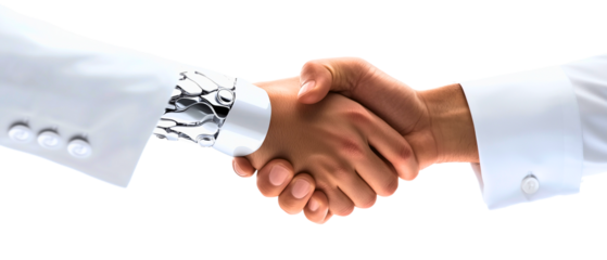 handshake between artificial intelligence and a businessman isolated over transparent (white) background; creative concept od cognition, logic solution to use artificialintelligence (ai); business