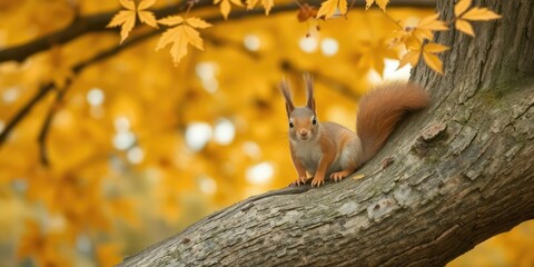 Cute portrait of red squirrel in autumn park on oak tree with golden foliage, red, squirrel